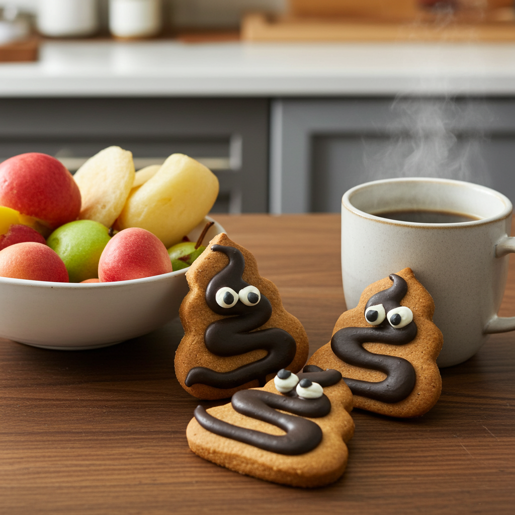 Poop Organic Dog Cookies shaped like poop emoji with chocolate icing, next to coffee mug and fruit bowl on wooden table
