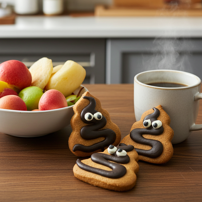 Poop Organic Dog Cookies shaped like poop emoji with chocolate icing, next to coffee mug and fruit bowl on wooden table