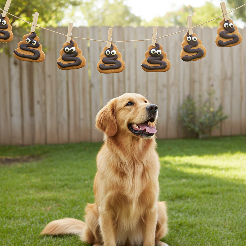 Golden retriever sitting in backyard with poop emoji shaped organic dog cookies hanging on a clothesline above