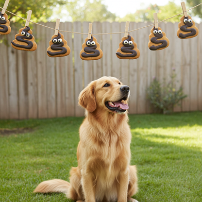 Golden retriever sitting in backyard with poop emoji shaped organic dog cookies hanging on a clothesline above