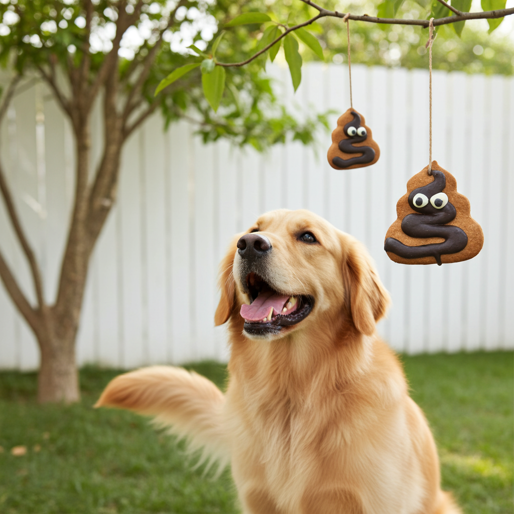 Golden retriever looking at hanging poop emoji shaped organic dog cookies in backyard
