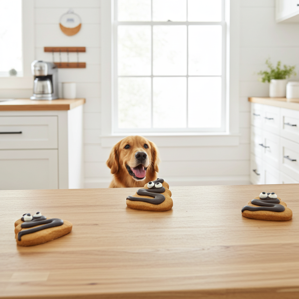 Golden retriever looking at poop emoji shaped organic dog cookies on kitchen counter