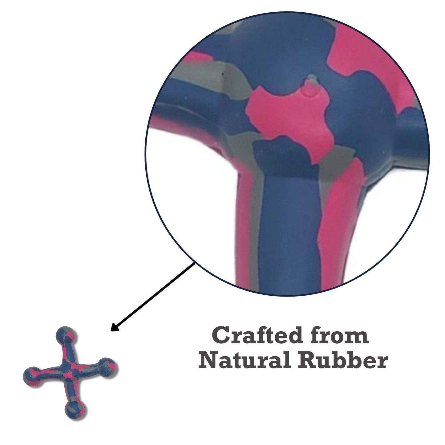 Natural Rubber Jack Dog Toy in blue and pink, durable non-toxic chew toy with unique shape for engaging play and agility enhancement