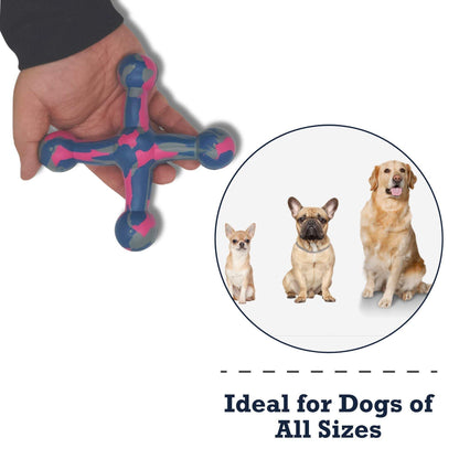 Natural Rubber Jack Dog Toy in hand with images of small, medium, and large dogs, suitable for all dog sizes