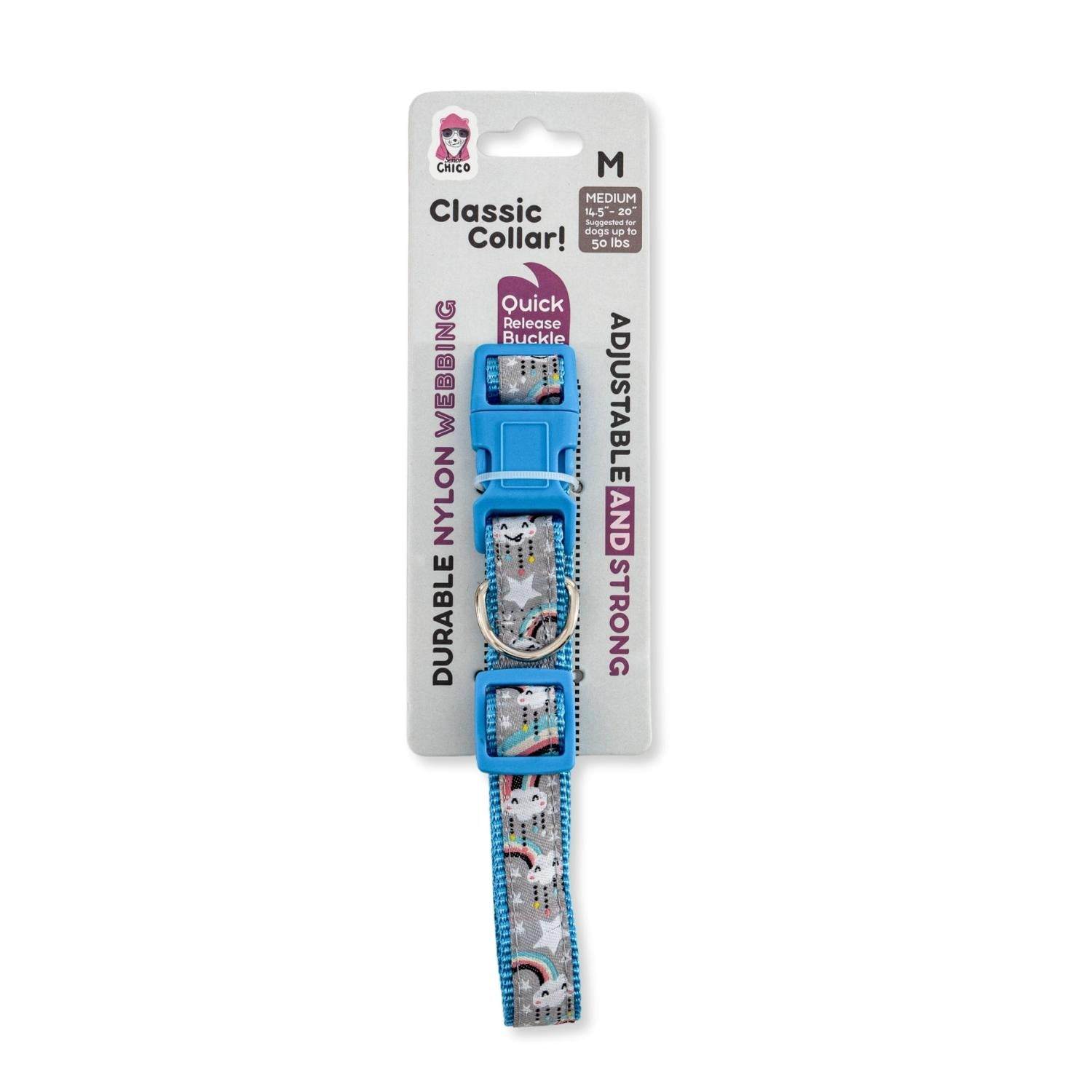 Nylon dog collar with embroidered rainbow design, adjustable fit, and durable metal clips for medium and large breeds