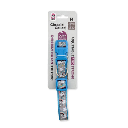 Nylon dog collar with embroidered rainbow design, adjustable fit, and durable metal clips for medium and large breeds