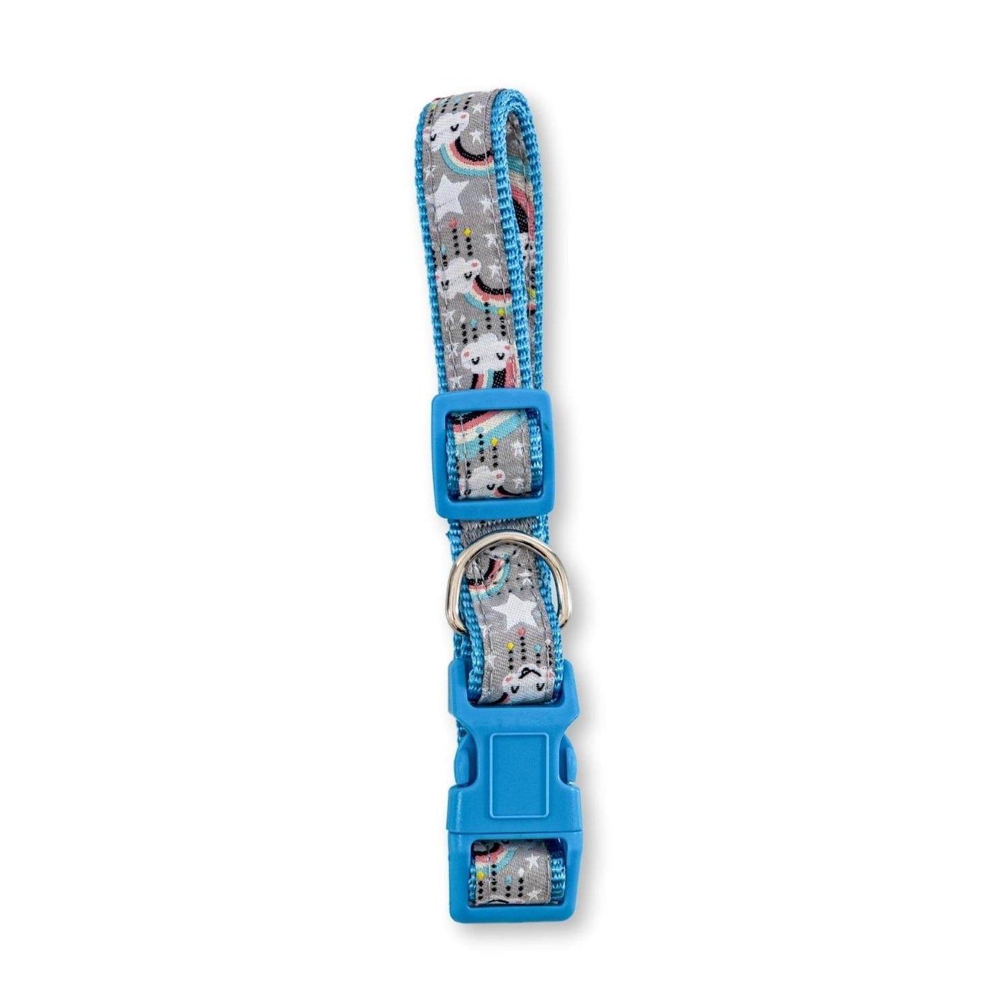 Nylon dog collar with vibrant embroidered rainbow design and adjustable secure fit for medium and large breeds