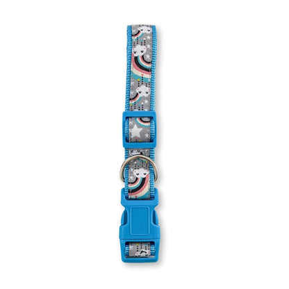blue nylon dog collar with embroidered rainbow and cloud design, adjustable secure fit for medium and large dogs