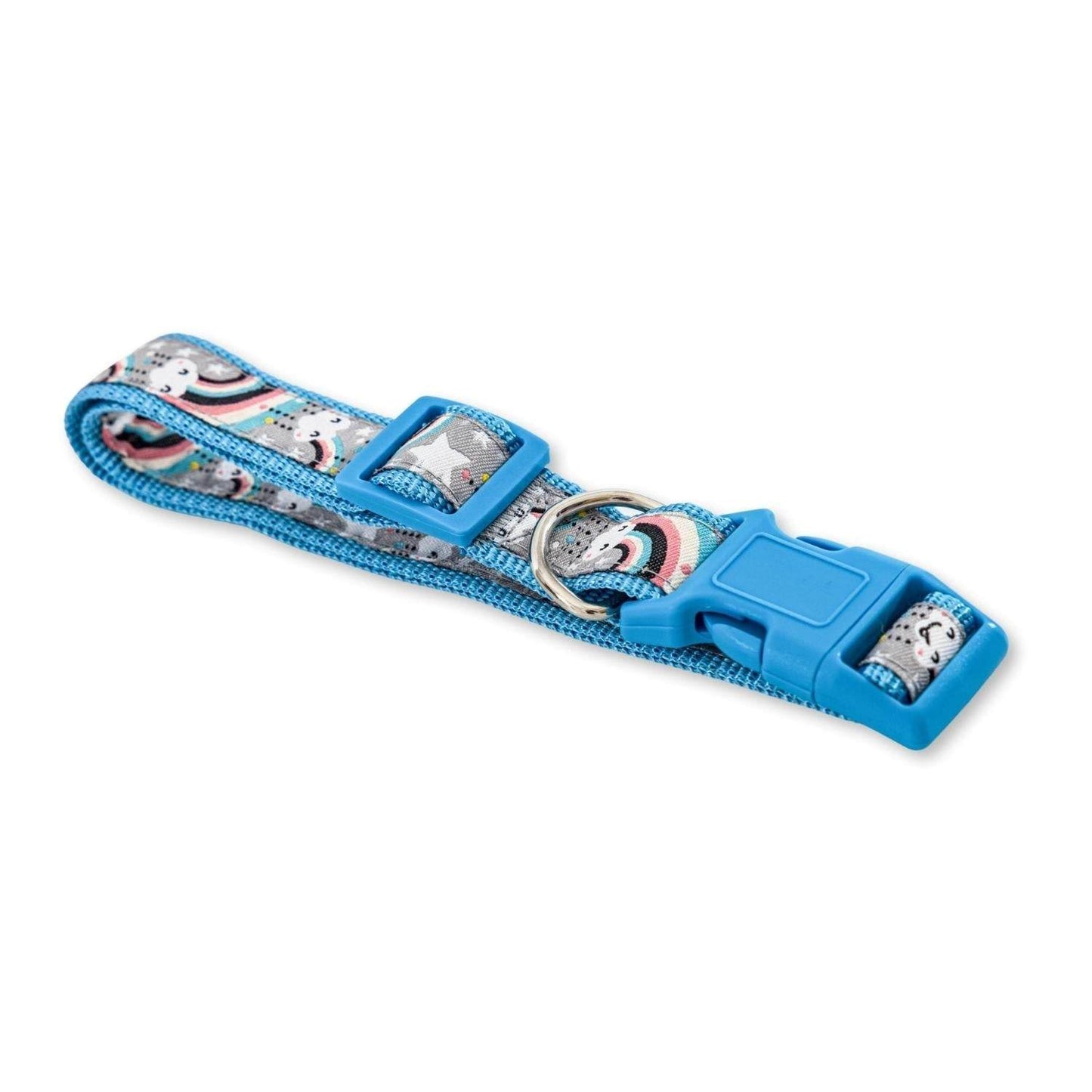 Nylon dog collar with embroidered rainbow design, adjustable fit, and durable metal clips for medium and large breeds