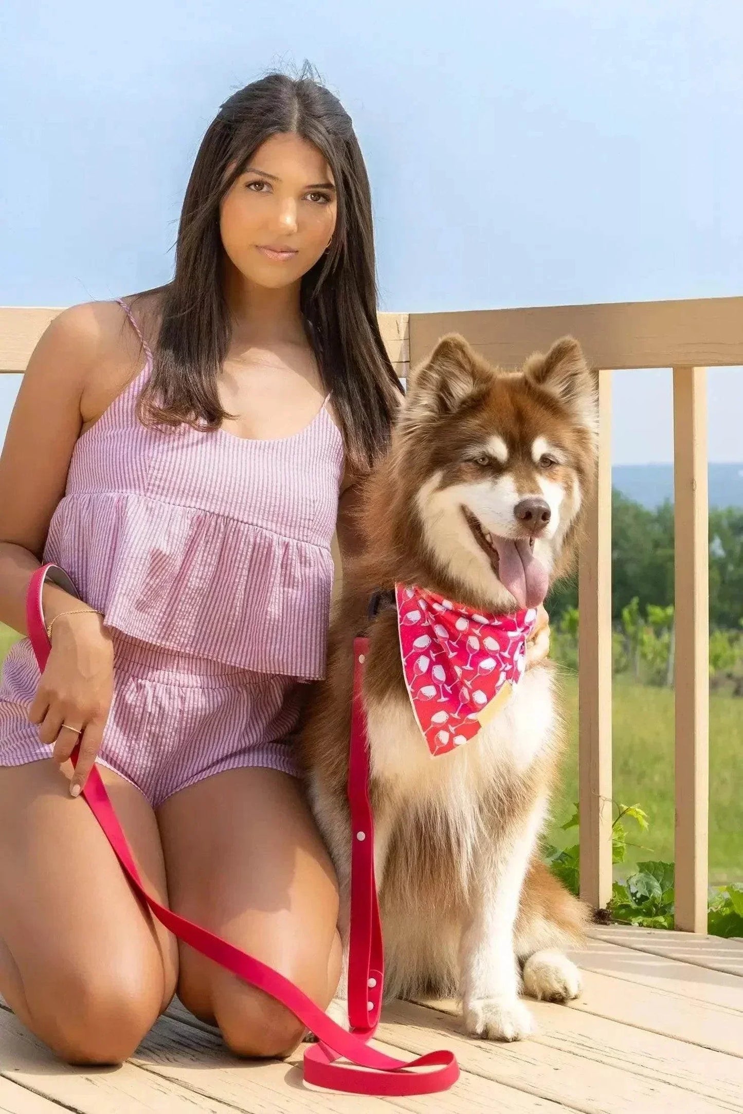 Red Mountain Syrah dog bandana on brown and white dog with woman outdoors