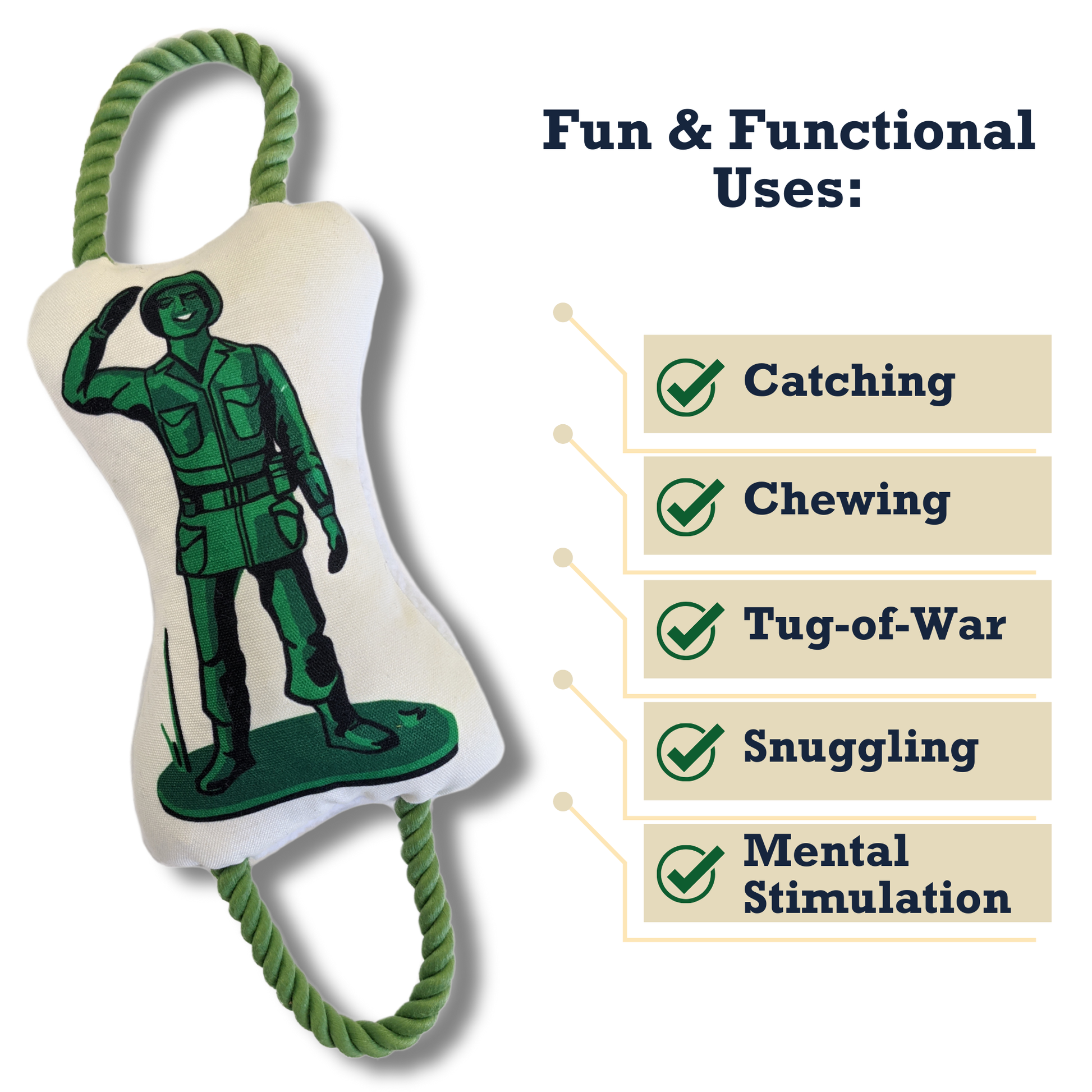 Retro Soldier plush dog toy with squeaker, crinkle paper, and rope for tug-of-war and interactive play