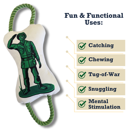 Retro Soldier plush dog toy with squeaker, crinkle paper, and rope for tug-of-war and interactive play