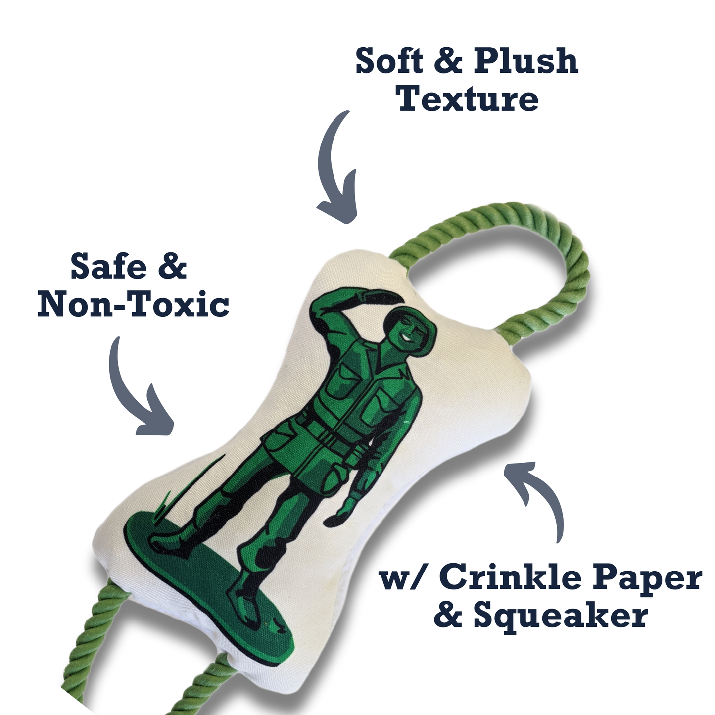 Retro Soldier plush dog toy with squeaker, crinkle paper, durable canvas, fleece backing, and tug rope for medium to large breeds