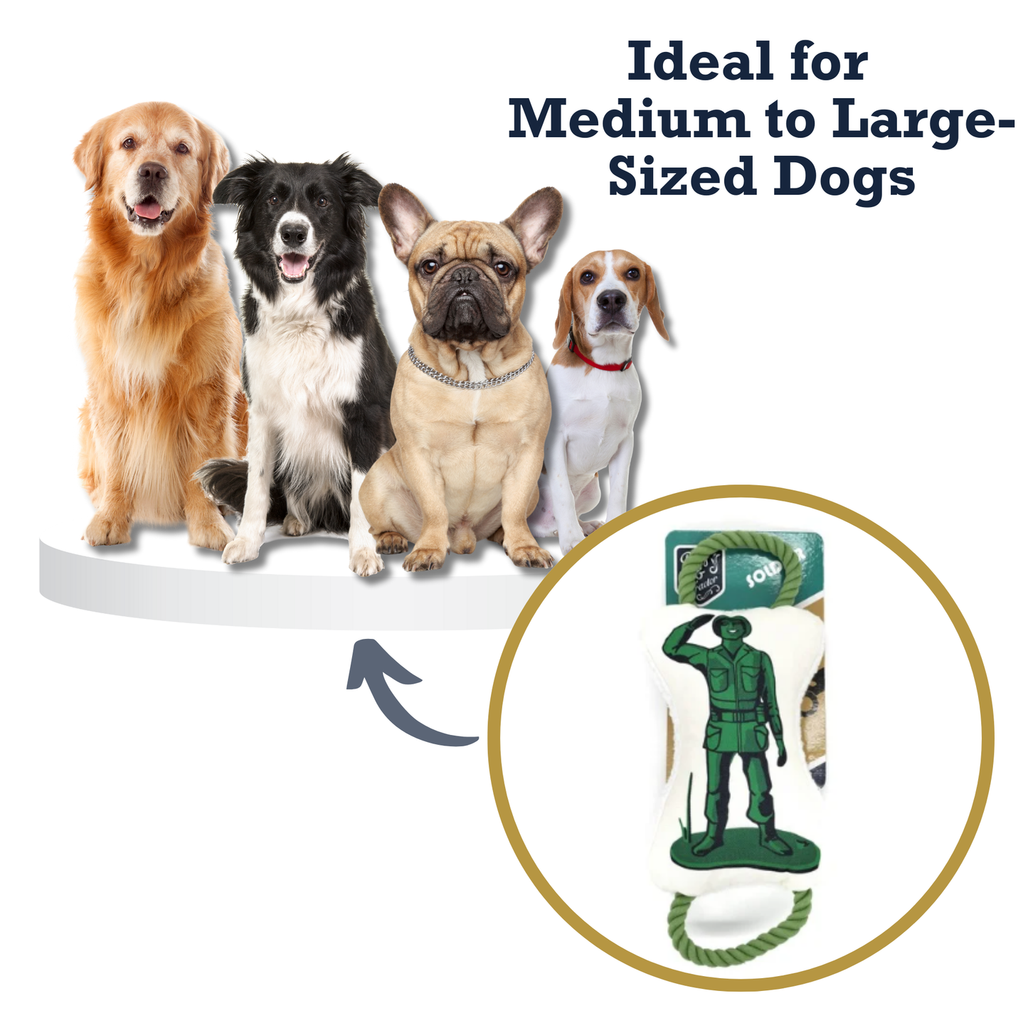 Retro Soldier plush dog toy with squeaker and crinkle paper, designed for medium to large dogs, featuring durable canvas and soft fleece backing with tug rope.
