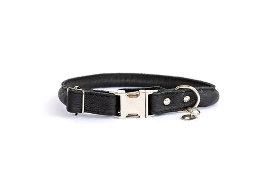Rolled style black leather dog collar with quick-release buckle and metal D-ring