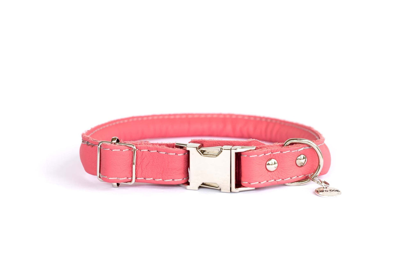 Rolled style pink leather quick-release dog collar with European steel buckle and decorative polyester stitching