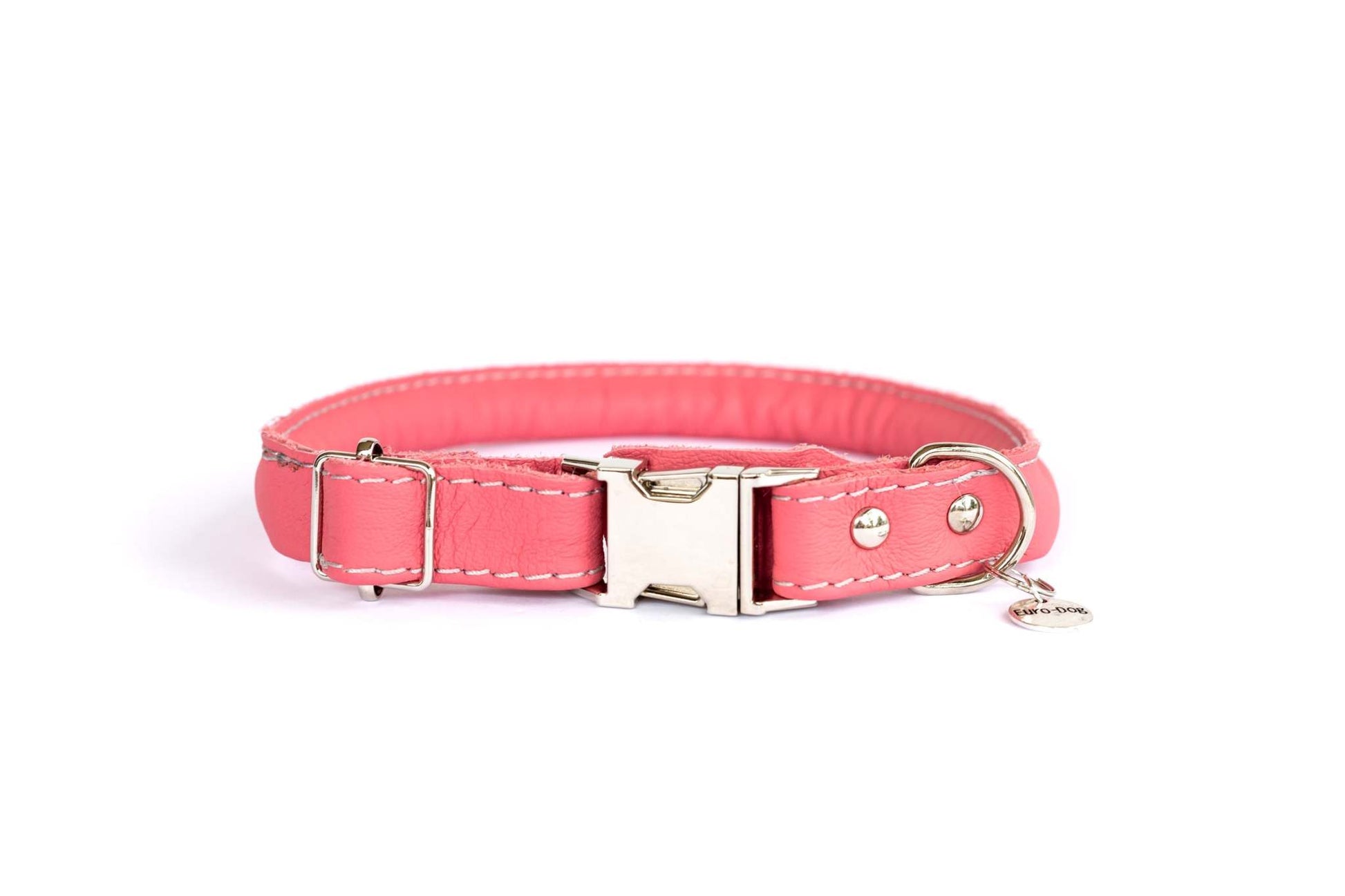 Rolled style pink leather quick-release dog collar with European steel buckle and decorative polyester stitching