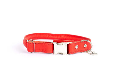 Rolled style red leather dog collar with quick-release metal buckle and stitched detail