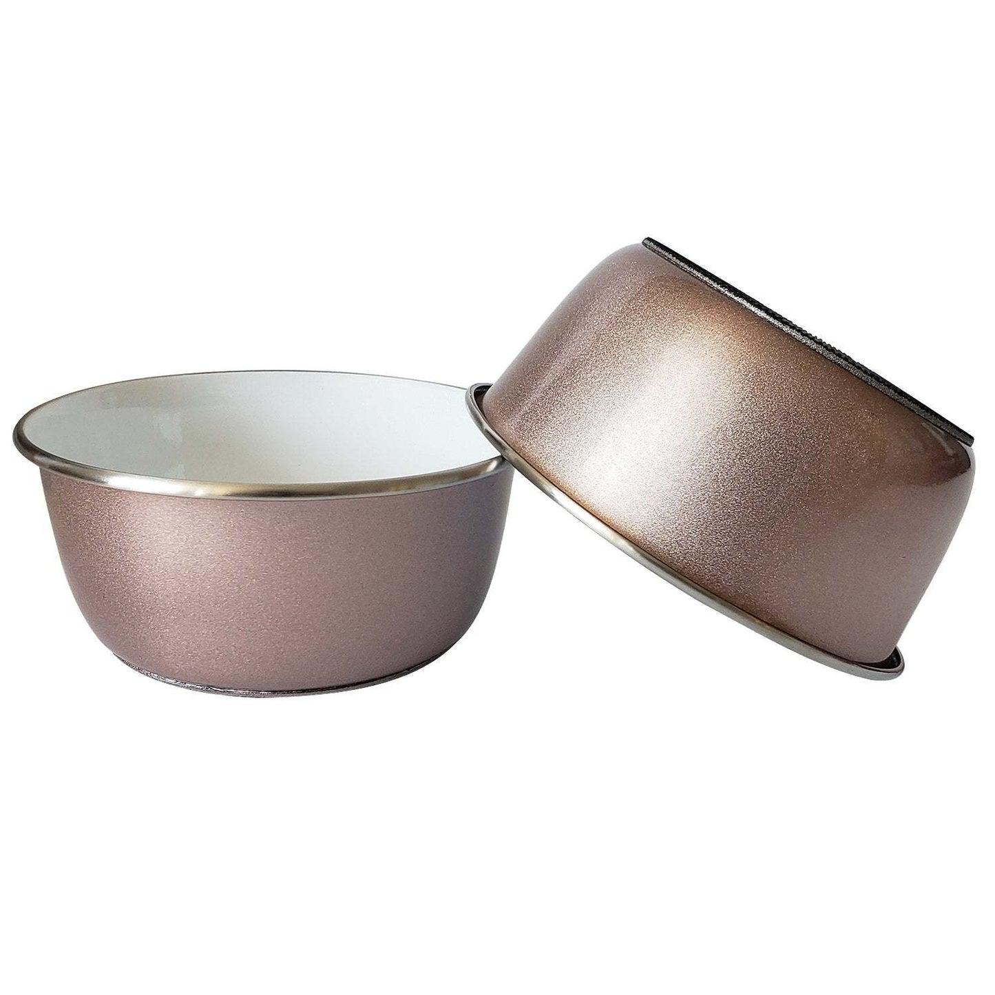 Rose gold deep dog bowl with paw print design, stainless steel, non-slip base, ideal for small to large dogs