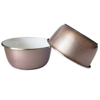 Rose gold deep dog bowl with paw print design, stainless steel, non-slip base, ideal for small to large dogs
