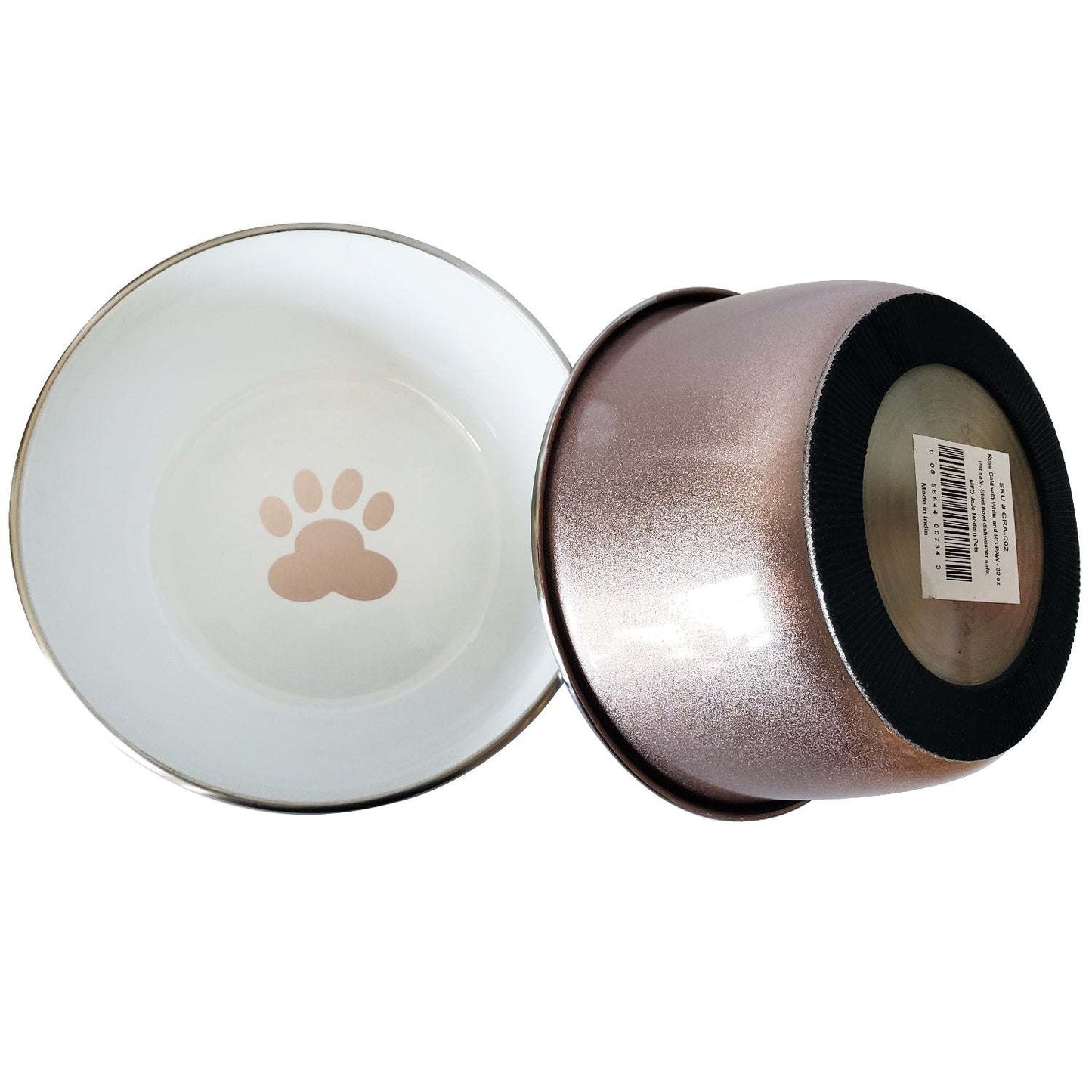 Rose gold deep dog bowl with paw print design, stainless steel, non-slip base, durable and hygienic pet feeder