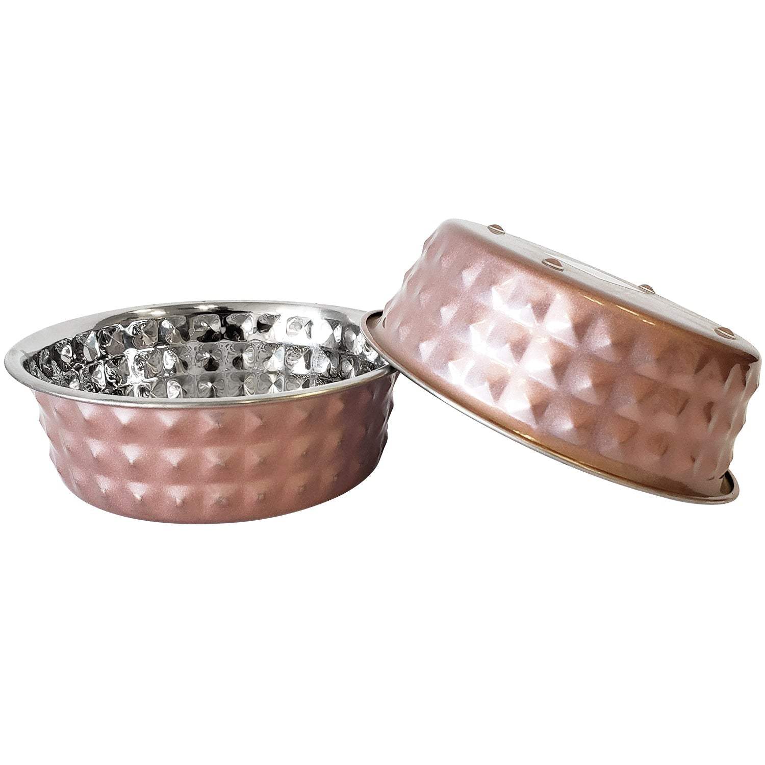 Country Living Set of 2 hammered rose quartz stainless steel dog bowls for extra large breeds, 64oz, rust-resistant with non-skid base.