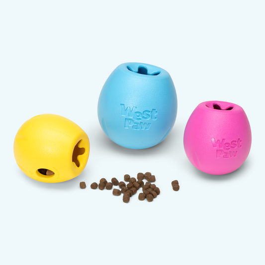 Zogoflex Echo Collection Rumbl dog toy with fish trap opening for dry treat dispensing and durable, bouncy design