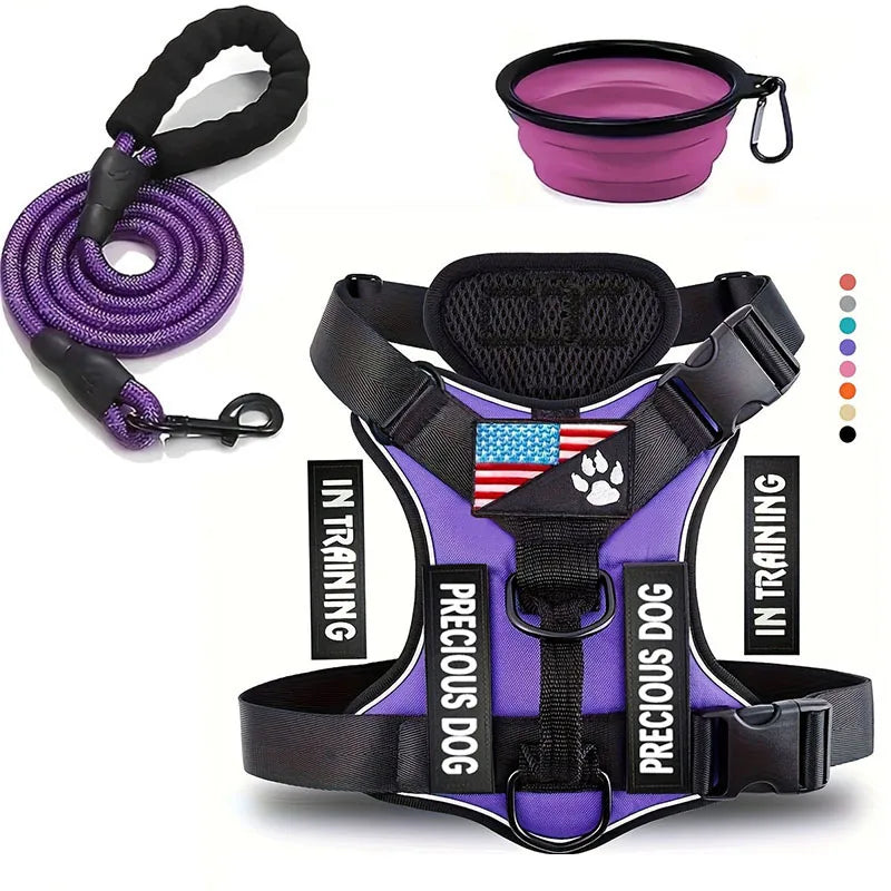Adjustable reflective service dog harness and leash set with folding bowl and padded polyester vest for small dogs