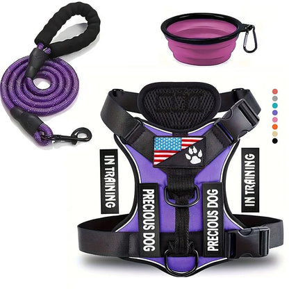 Adjustable reflective service dog harness and leash set with folding bowl and padded polyester vest for small dogs