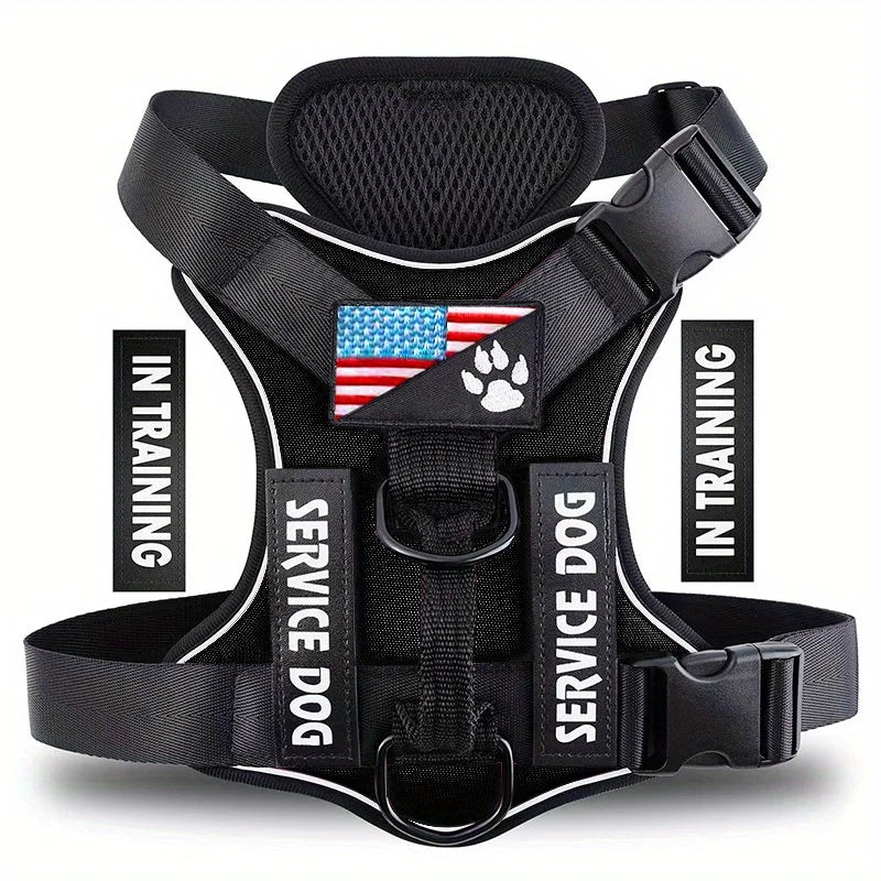 Reflective service dog vest harness with adjustable soft Oxford material and patches