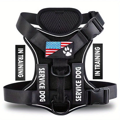Reflective service dog vest harness with adjustable soft Oxford material and patches