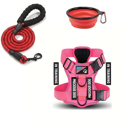 Service dog harness and leash set with reflective adjustable soft oxford vest and folding bowl for small dogs