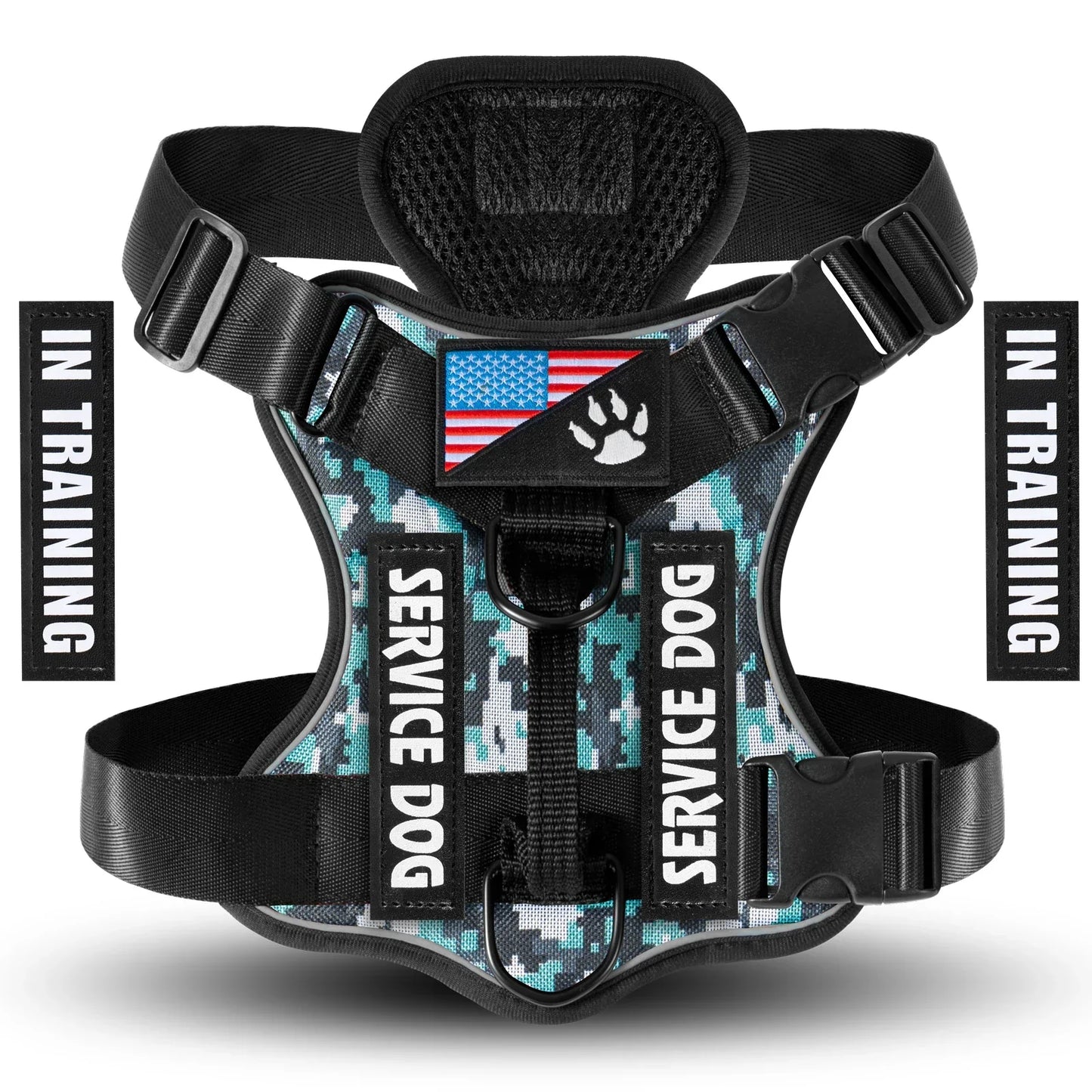 Adjustable reflective service dog harness vest with 5 patches and soft mesh lining