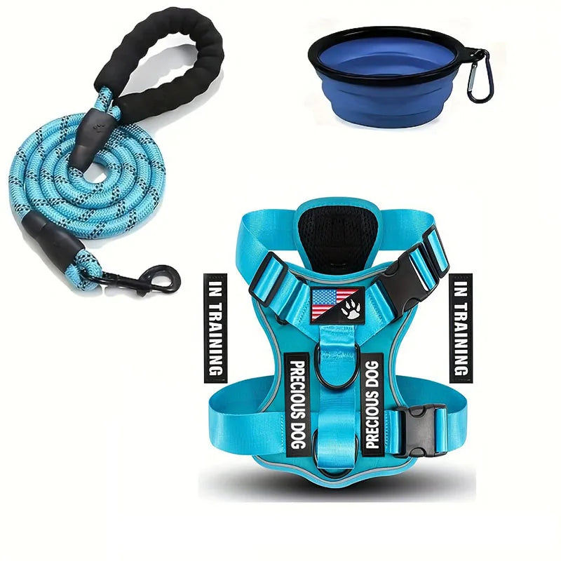 Adjustable reflective service dog harness and leash set with folding bowl for small dogs