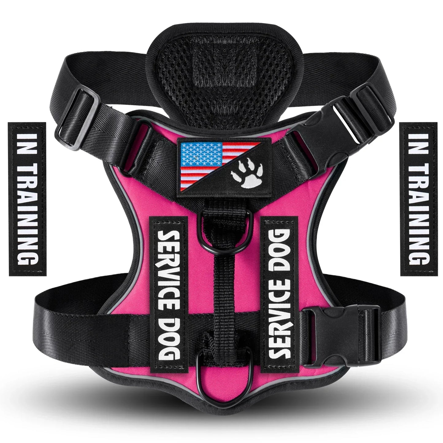 Reflective adjustable service dog harness vest with patches and soft mesh inner layer