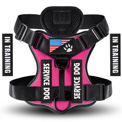 Reflective adjustable service dog harness vest with patches and soft mesh inner layer