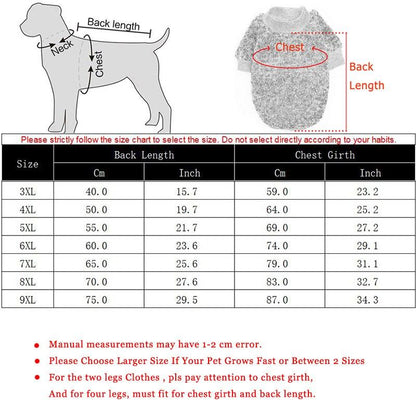 Winter warm fleece pet sweater for large dogs, sizes 3XL to 9XL, burgundy color with chest and back length measurements guide
