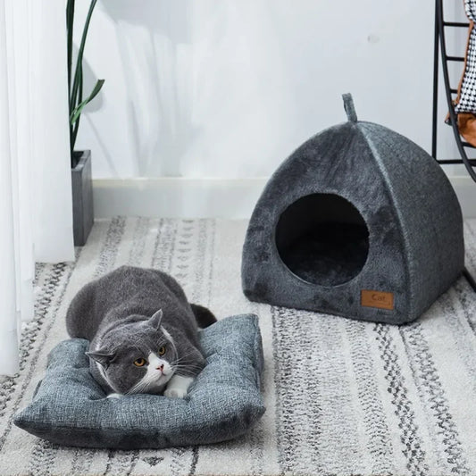 Heated Cat Bed - Self Warming Triangle Cat Cave for Indoor Pets