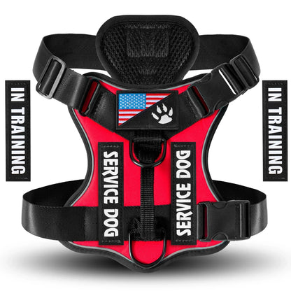 Adjustable reflective service dog harness vest with patches and soft mesh lining