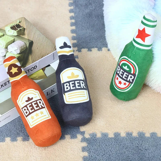 Plush Beer Bottle Dog Toy - Squeaky, Bite-Resistant, Teeth Cleaning
