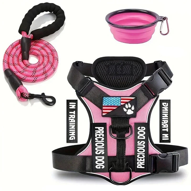 Service dog harness and leash set with reflective adjustable vest and folding bowl for small pets