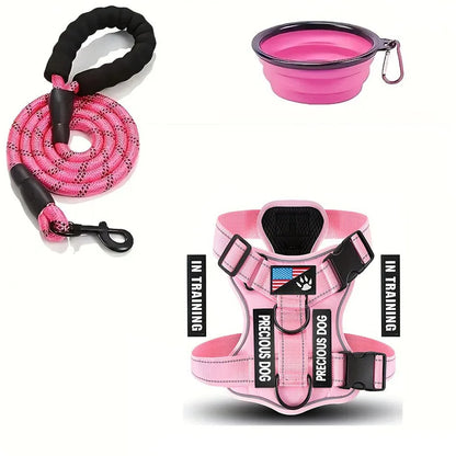 Adjustable reflective service dog harness with buckle and leash set for small dogs