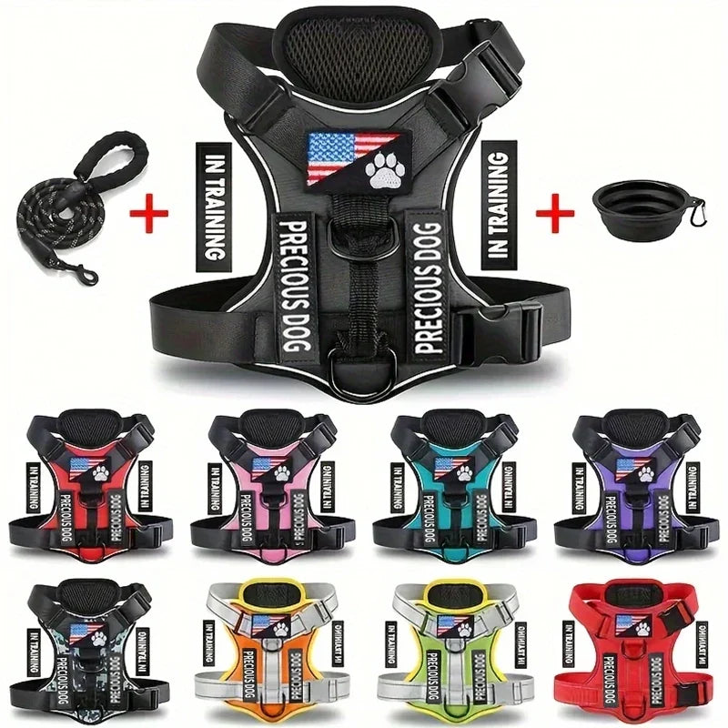 Reflective adjustable service dog harness and leash set with folding bowl for small dogs