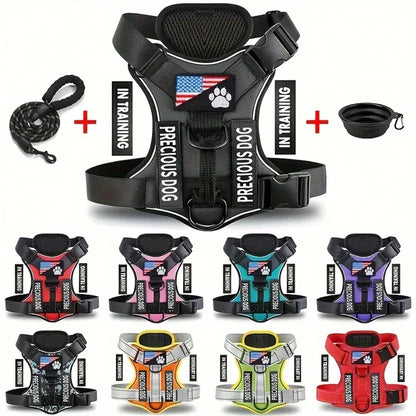 Reflective adjustable service dog harness and leash set with folding bowl for small dogs