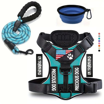 Reflective adjustable service dog harness and leash set with folding bowl for small to medium dogs