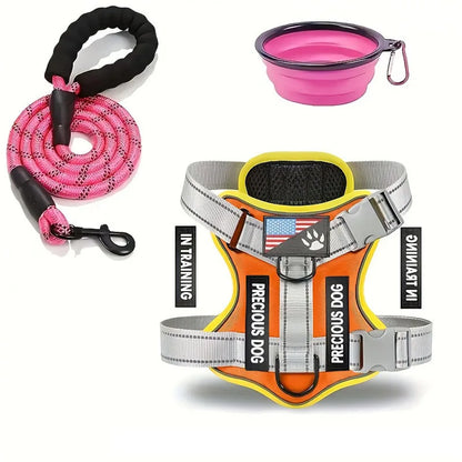 Adjustable reflective service dog harness and leash set with folding bowl for small dogs