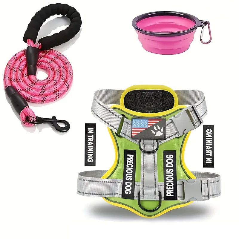 Reflective adjustable service dog harness and leash set with folding bowl for small dogs