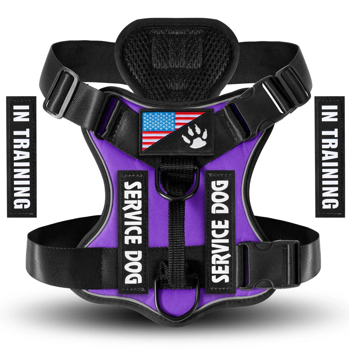 Reflective service dog harness with adjustable soft oxford fabric and mesh lining, featuring 5 patches and buckle closure