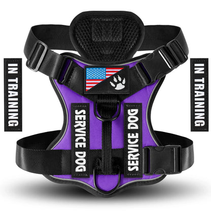 Reflective service dog harness with adjustable soft oxford fabric and mesh lining, featuring 5 patches and buckle closure
