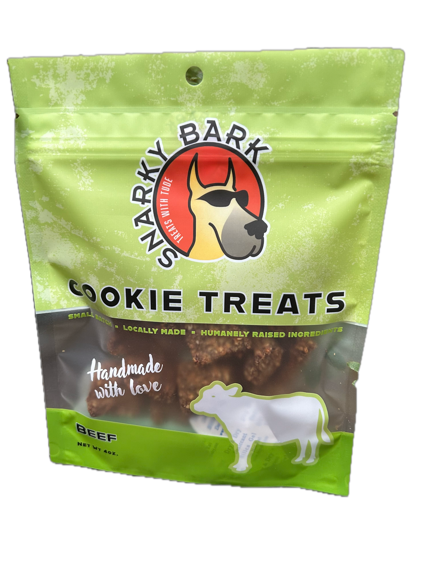 Snarky Bark Beef Cookie Treats in green resealable bag with cow illustration and premium grass-fed beef ingredients for dogs